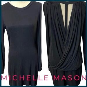 Mason by Michelle Mason Black Long Sleeve Open Draped Back Mini Dress (M)